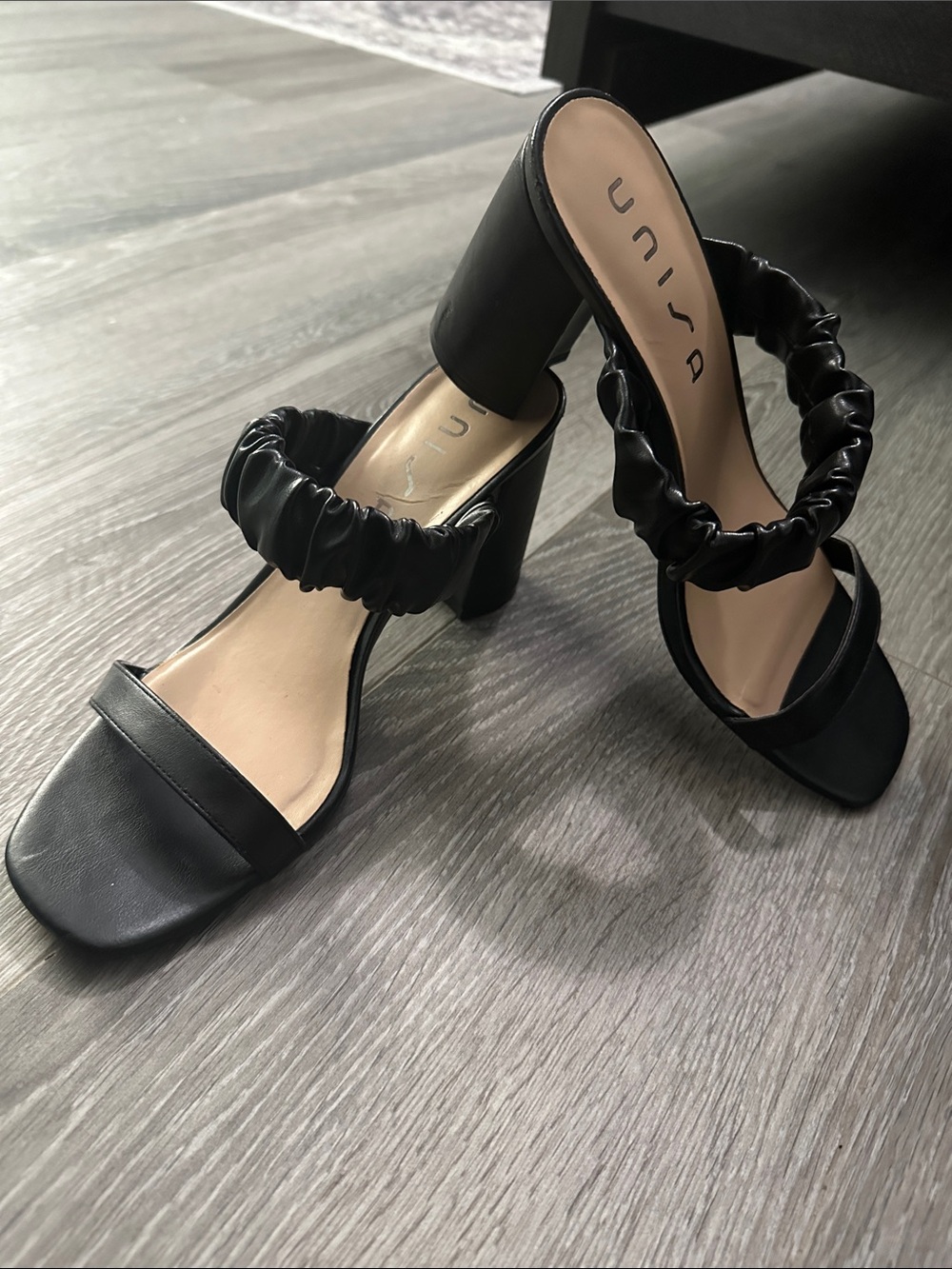 Unisa Black Ruched Strap Block Heel Sandals - Sleek Evening Mules